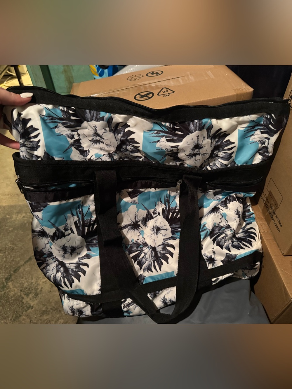 Floral Tote Bag in Teal, Black & White